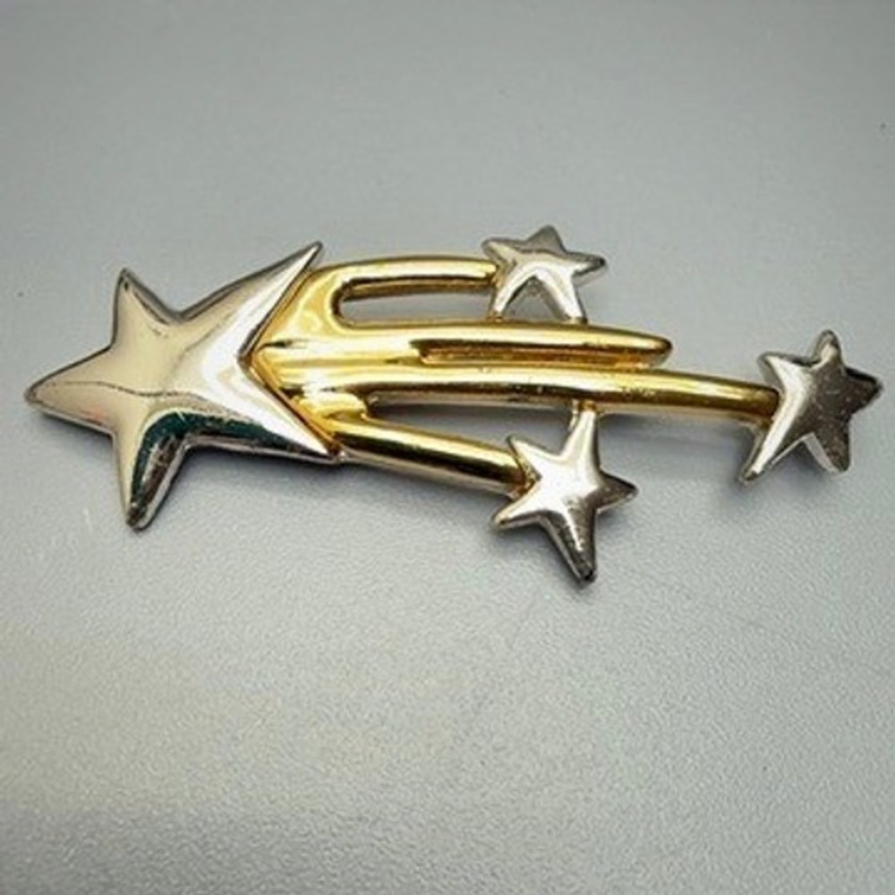 Large Gold and Silver Tone Shooting Star Brooch 3" Celestial Cosmic Whimsical